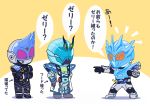  3boys belt compound_eyes directional_arrow hands_on_hips kamen_rider kamen_rider_build_(series) kamen_rider_cross-z kamen_rider_ex-aid kamen_rider_ex-aid_(series) kamen_rider_fourze_(series) male_focus mask multiple_boys redol sclash_driver tailcoat translated 