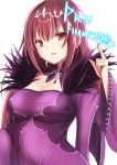  1girl absurdres dress fate/grand_order fate_(series) fur_trim highres long_hair looking_at_viewer purple_dress purple_hair red_eyes runes scathach_(fate)_(all) scathach_skadi_(fate/grand_order) shibakame simple_background smile solo tiara upper_body white_background 