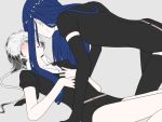  2others androgynous bangs black_gloves black_neckwear black_shorts blue_hair blush collared_shirt elbow_gloves eyelashes gem_uniform_(houseki_no_kuni) ghost_quartz_(houseki_no_kuni) gloves hair_over_one_eye hat0g0han houseki_no_kuni lapis_lazuli_(houseki_no_kuni) long_hair multiple_others necktie open_mouth pinned puffy_short_sleeves puffy_sleeves shirt short_hair short_hair_with_long_locks short_shorts short_sleeves shorts smile white_hair 