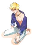  1boy anger_vein barefoot blonde_hair blue_shirt fate/grand_order fate/stay_night fate_(series) gilgamesh highres kneeling male_focus open_clothes open_shirt red_eyes shirt simple_background solo white_background yuu_yuugekisyu 
