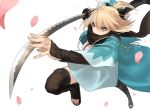  1girl attacking_viewer black_bow black_legwear black_scarf blonde_hair bow bracer commentary_request covered_mouth fate_(series) fingernails foreshortening hair_bow haori highres holding holding_sword holding_weapon japanese_clothes jumping katana koha-ace long_sleeves okita_souji_(fate) okita_souji_(fate)_(all) petals sandals scarf scarf_over_mouth solo stirrup_legwear sword thigh-highs toeless_legwear weapon white_background wide_sleeves yellow_eyes zonotaida 