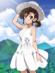  1girl bare_shoulders blue_eyes bow breasts brown_hair day dress gegege_no_kitarou hair_ornament hairclip hand_on_headwear hat inuyama_mana onomekaman outdoors short_ponytail smile sun_hat sundress white_bow white_dress 