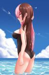  1girl adapted_costume adjusting_hair artist_name ass bird breasts brown_hair clouds cslucaris day eyebrows_visible_through_hair from_side highres large_breasts long_hair looking_away multicolored_hair neo_(rwby) ocean one-piece_swimsuit outdoors parted_lips pink_eyes pink_hair ribbed_swimsuit rwby sky smile solo swimsuit two-tone_hair very_long_hair water wet wet_hair 