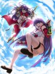  2girls :d absurdres aoba_(smartbeat) armored_boots ass bikini blue_eyes boots breasts capelet cleavage commentary_request cross dual_persona fate/grand_order fate_(series) gauntlets hair_ribbon highres large_breasts long_hair looking_at_viewer multiple_girls navel navel_cutout open_mouth purple_hair red_legwear ribbon saint_martha saint_martha_(swimsuit_ruler)_(fate) sandals smile staff swimsuit thigh-highs thigh_strap white_bikini 