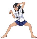  1girl 774_(nanashi) barefoot black_hair brown_eyes dark_skin full_body hair_ornament hairclip ijiranaide_nagatoro-san long_hair nagatoro open_mouth pleated_skirt school_uniform simple_background skirt solo spread_legs white_background 