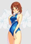  1girl absurdres blue_swimsuit breasts brown_eyes brown_hair casual_one-piece_swimsuit cleavage cleavage_cutout cosplay cowboy_shot curcumin embarrassed floral_background girls_und_panzer grey_background highres medium_breasts nishizumi_miho one-piece_swimsuit reizei_mako reizei_mako_(cosplay) short_hair solo standing swimsuit turtleneck 
