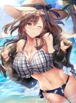  1girl alternate_costume arms_up bangs bare_shoulders beach bikini blue_sky blush bracelet breasts brown_eyes brown_hair cleavage closed_mouth collarbone commentary_request eyebrows_visible_through_hair hat himuro_(dobu_no_hotori) idolmaster idolmaster_shiny_colors jewelry large_breasts long_hair navel ocean one_eye_closed palm_tree partially_submerged plaid_bikini_top sand side-tie_bottom sky sweater swimsuit tree umbrella water waves 