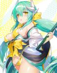  1girl :d aqua_hair bare_shoulders bikini blush bow breasts cleavage dragon_horns eyebrows_visible_through_hair fate/grand_order fate_(series) hair_between_eyes hair_bow hayama_eishi highres horns japanese_clothes kimono kiyohime_(fate/grand_order) kiyohime_(swimsuit_lancer)_(fate) large_breasts long_hair long_sleeves looking_at_viewer open_mouth polearm short_kimono sketch smile solo swimsuit very_long_hair weapon wide_sleeves yellow_bikini yellow_bow yellow_eyes 
