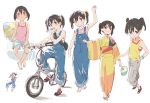  1girl arm_up bag bandage bandaged_leg bandages bare_arms bare_legs bare_shoulders barefoot bicycle fan food from_above full_body ground_vehicle hair_ornament hair_scrunchie hand_on_own_thigh holding holding_fan japanese_clothes kimono kuraue_hinata looking_at_viewer matsuo_yuusuke multiple_views overalls pillow popsicle riding scrunchie shorts shoulder_bag smile sweat tan tank_top tanline twintails v white_background yama_no_susume yukata 