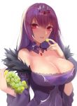  1girl bangs bare_shoulders breasts cleavage dress eating eyebrows_visible_through_hair fate/grand_order fate_(series) food fruit fur_trim grapes hair_between_eyes headpiece highres jewelry large_breasts long_hair looking_at_viewer purple_dress purple_hair red_eyes scathach_(fate)_(all) scathach_(fate/grand_order) scathach_skadi_(fate/grand_order) solo tiara white_background wide_sleeves zjsstc 
