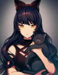  1girl black_cat black_dress black_hair blake_belladonna bow cat closed_mouth commentary dress english_commentary grey_background hair_bow holding holding_cat long_hair looking_at_viewer red_bow rwby satchely solo upper_body yellow_eyes 