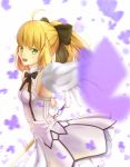  1girl :d ahoge artoria_pendragon_(all) black_bow blonde_hair bow bowtie breasts choker cleavage cowboy_shot dress excalibur eyebrows_visible_through_hair fate/unlimited_codes fate_(series) gloves green_eyes hair_between_eyes hair_bow holding holding_sword holding_weapon long_hair looking_at_viewer open_mouth outstretched_arms ponytail saber_lily short_dress sideboob sleeveless sleeveless_dress small_breasts smile solo standing strapless strapless_dress sword weapon white_dress white_gloves yeh_(354162698) 