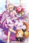  1girl :d age_of_ishtaria animal aqua_eyes bangs blonde_hair bouquet bridal_veil castle clothed_animal day dog dress earrings elbow_gloves eyebrows_visible_through_hair fishnet_pantyhose fishnets flower formal gambe gloves hair_between_eyes hair_bun hair_flower hair_ornament high_heels holding holding_bouquet jewelry official_art open_mouth outdoors pantyhose pink_flower pink_rose red_flower red_rose rose side_braids skirt_hold smile solo sparkle stairs suit thigh-highs veil walking watermark wedding_dress white_flower white_gloves white_legwear white_rose 