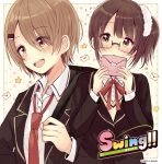  2018 2girls bag black_jacket blazer blush brown_eyes brown_hair collared_shirt commentary_request cover cover_page dress_shirt envelope flying_sweatdrops glasses hair_ornament hair_scrunchie hairclip hand_up highres holding holding_envelope jacket light_brown_hair long_sleeves multiple_girls necktie nose_blush one_side_up open_blazer open_clothes open_jacket original red_neckwear sakura_oriko school_bag scrunchie shirt star sweater_vest white_scrunchie white_shirt yuri 