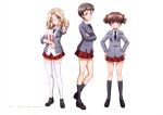  3girls ;d absurdres alisa_(girls_und_panzer) black_neckwear blonde_hair brown_eyes brown_footwear brown_hair copyright_name crossed_arms dress_shirt eyebrows_visible_through_hair food girls_und_panzer grey_blazer grey_legwear grin hair_ornament hands_on_hips highres kay_(girls_und_panzer) kneehighs loafers long_hair looking_at_viewer miniskirt multiple_girls naomi_(girls_und_panzer) necktie official_art one_eye_closed open_mouth page_number pleated_skirt popcorn red_skirt saunders_school_uniform shiny shiny_hair shirt shoes short_hair short_twintails simple_background skirt smile standing thigh-highs twintails white_background white_legwear white_shirt yoshida_nobuyoshi zettai_ryouiki 