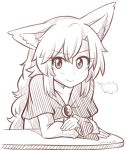  &gt;:) 1girl =3 animal_ears artist_name brooch collarbone commentary dress eyebrows_visible_through_hair eyelashes greyscale hair_between_eyes imaizumi_kagerou jewelry long_hair long_sleeves looking_at_viewer monochrome signature simple_background sketch smile solo table touhou upper_body v-shaped_eyebrows white_background wolf_ears wool_(miwol) 