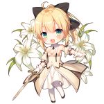  1girl ahoge artoria_pendragon_(all) bangs bare_shoulders black_bow black_footwear blonde_hair blush bow breasts chibi detached_collar detached_sleeves dress excalibur fate/grand_order fate/unlimited_codes fate_(series) flower full_body gloves green_eyes hair_between_eyes hair_bow holding holding_sword holding_weapon lily_(flower) long_hair looking_at_viewer open_mouth pantyhose ponytail puffy_detached_sleeves puffy_short_sleeves puffy_sleeves saber_lily short_sleeves simple_background small_breasts smile standing sword toosaka_asagi weapon white_background white_dress white_gloves white_legwear 