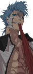  1boy absurdres bleach blue_eyes blue_hair clenched_teeth commentary_request eating glowing glowing_eyes grimmjow_jaegerjaquez highres jacket looking_at_viewer mask open_clothes open_jacket scar smile solo teeth upper_body westxost_(68monkey) white_background white_jacket 