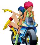  2girls 80s blue_eyes blue_hair boots breasts cleavage dark_skin dirty_pair earrings ground_vehicle headband jewelry kei_(dirty_pair) knee_boots leaning_forward motor_vehicle motorcycle multiple_girls official_art oldschool open_mouth pointing red_eyes redhead simple_background smile white_background yuri_(dirty_pair) 