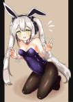  1girl absurdres animal_ears blush breasts bunny_girl bunnysuit cleavage collarbone destroyer_(girls_frontline) double_v finesoda girls_frontline headphones highres kneeling long_hair looking_at_viewer open_mouth pantyhose rabbit_ears silver_hair simple_background solo twintails v yellow_eyes 