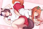  2girls all_fours animal_ears arms_up ass brown_hair clenched_hands green_eyes gym_uniform hairband horse_ears horse_tail long_hair lying multiple_girls on_side red_shorts sherryqq shirt short_hair short_shorts shorts silence_suzuka special_week tail tail_cutout top-down_bottom-up umamusume violet_eyes white_shirt 