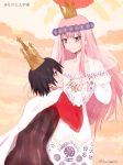  1boy 1girl bangs bare_shoulders black_hair blue_eyes blush breasts cape capelet cleavage collarbone commentary_request couple crown darling_in_the_franxx dress flower green_eyes hair_flower hair_ornament hand_holding hetero hiro_(darling_in_the_franxx) long_hair long_sleeves looking_at_another medium_breasts niwatori_kokezou pink_hair short_hair signature translated veil white_cape white_dress zero_two_(darling_in_the_franxx) 