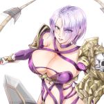  1041_(toshikazu) 1girl aqua_eyes armor breasts cleavage collar commentary_request covered_navel eyes_visible_through_hair gauntlets gloves hair_over_one_eye isabella_valentine large_breasts makeup pauldrons purple_legwear revealing_clothes short_hair silver_hair single_gauntlet soul_calibur sword weapon whip whip_sword 