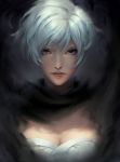  1girl artist_name breasts chuby_mi cleavage cloak closed_mouth dark_background highres large_breasts lips looking_at_viewer original portrait short_hair solo upper_body watermark white_eyes white_hair 