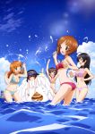  5girls absurdres akiyama_yukari arms_up ass bare_legs bikini black_hair blue_bikini blush breasts brown_eyes brown_hair cleavage clouds day eyebrows_visible_through_hair girls_und_panzer grey_eyes hairband highres inflatable_toy isuzu_hana lens_flare lying medium_breasts multiple_girls navel nishizumi_miho ocean official_art on_stomach one_eye_closed ooarai_marine_tower open_mouth orange_hair outdoors purple_bikini reizei_mako sideboob sky small_breasts smile splashing striped striped_bikini swimsuit takebe_saori tired wading water waves wet 