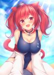  1girl :d animal_ears azur_lane bare_shoulders beach breasts cat_ears cat_tail choker cleavage covered_navel eyebrows_visible_through_hair fang horizon i-19_(azur_lane) large_breasts lens_flare light_rays looking_at_viewer mutsuba_fumi off_shoulder one-piece_swimsuit open_mouth red_eyes redhead revision school_swimsuit skindentation sleeves_past_fingers sleeves_past_wrists smile solo swimsuit tail thigh-highs twintails white_legwear 