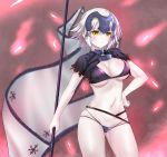  1girl :t bangs bikini black_bikini black_capelet blurry blurry_background blush breasts capelet chains cleavage closed_mouth depth_of_field eyebrows_visible_through_hair fate/grand_order fate_(series) flag hair_between_eyes hand_on_hip headpiece highres holding holding_flag jeanne_d&#039;arc_(alter)_(fate) jeanne_d&#039;arc_(fate)_(all) looking_at_viewer medium_breasts mint_(cerbi) multi-strapped_bikini navel pout short_hair silver_hair solo swimsuit v-shaped_eyebrows white_flag yellow_eyes 