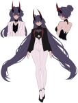 1girl alternate_costume black_dress black_jacket black_vest dress high_heels highres honkai_(series) honkai_impact_3rd horns jacket long_hair long_sleeves minxinq pants purple_hair raiden_mei raiden_mei_(herrscher_of_thunder) solo vest violet_eyes white_jacket white_pants white_vest