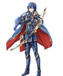 1girl armor armored_boots arrow bangs belt blue_eyes blue_hair boots bow_(weapon) breastplate cape closed_mouth fire_emblem fire_emblem:_kakusei fire_emblem_heroes full_body gauntlets highres holding holding_bow_(weapon) holding_weapon jewelry long_hair looking_at_viewer lucina official_art shiny shiny_hair shoulder_armor shoulder_pads sidelocks smile solo standing tiara transparent_background turtleneck weapon yamada_koutarou 