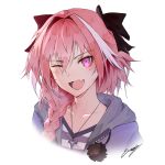  1boy ;d astolfo_(fate) bangs black_bow black_ribbon bow braid collarbone commentary english_commentary erospanda eyebrows_visible_through_hair fang fate/apocrypha fate_(series) hair_between_eyes hair_bow hair_intakes hair_over_shoulder hair_ribbon head_tilt highres hood hood_down hoodie long_hair looking_at_viewer male_focus multicolored_hair one_eye_closed open_clothes open_hoodie open_mouth pink_eyes pink_hair pom_pom_(clothes) portrait purple_hoodie purple_shirt ribbon shirt sidelocks signature simple_background single_braid smile solo streaked_hair striped striped_shirt trap tsurime white_background white_shirt zipper 