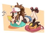  1girl ass bare_shoulders baseball_cap blue_eyes boots brown_hair closed_eyes denim denim_shorts english frustrated handheld_game_console hat lying nintendo nintendo_3ds nintendo_ds on_stomach pillow playing_games pokemon pokemon_(creature) pokemon_(game) pokemon_xy ponytail pout shoelaces short_shorts shorts sleeping smile solo solo_focus tank_top tepig text_focus touko_(pokemon) typo_(requiemdusk) vest wristband 