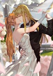  2girls absurdres alternate_costume back bare_shoulders black_bow blonde_hair blurry bow bowtie breasts brown_hair closed_eyes commentary_request couple depth_of_field dress fate_testarossa female flower formal garden gloves hand_holding highres hug interlocked_fingers kiss long_hair long_sleeves lyrical_nanoha magical_girl mahou_shoujo_lyrical_nanoha mahou_shoujo_lyrical_nanoha_a&#039;s mahou_shoujo_lyrical_nanoha_strikers multiple_girls mutual_yuri orange_hair outdoors petals side_ponytail sidelocks small_breasts strapless strapless_dress suit takamachi_nanoha tuxedo wedding wedding_dress wife_and_wife xiao_lu yuri 