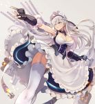  1girl apron armpits azur_lane bangs belfast_(azur_lane) blue_eyes braid breasts cannon chains cleavage closed_mouth collar collarbone corset dress eyebrows_visible_through_hair firing french_braid frills garter_straps gloves highres large_breasts light_particles long_hair looking_at_viewer looking_away machinery maid maid_headdress outstretched_arm rigging silver_hair solo thigh-highs thighs torpedo_launcher turret white_gloves white_legwear yuko_(uc_yuk) 