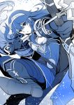  1girl aiming armor arrow blue bow_(weapon) cape fire_emblem fire_emblem:_kakusei fire_emblem_heroes gloves highres holding holding_weapon jewelry long_hair looking_at_viewer lucina monochrome nakabayashi_zun parted_lips solo tiara weapon 