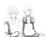  1boy 1girl antenna_hair apron artist_name bangs blush breasts couple dated elizabeth_liones frilled_apron frills greyscale hair_over_one_eye harumiya highres jewelry long_hair long_sleeves looking_at_viewer maid maid_apron medium_breasts meliodas monochrome nanatsu_no_taizai puffy_long_sleeves puffy_sleeves shirt single_earring sitting smile 