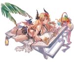  1girl apple bangs bare_legs barefoot basket beach_chair bikini blonde_hair bracelet breasts brown_eyes candle choker cleavage cream cup dark_angel_olivia drinking_glass drinking_straw flower food fruit full_body gradient gradient_hair granblue_fantasy grapes hair_flower hair_ornament hibiscus holding horn ice_cream ice_cream_cone jewelry long_hair looking_at_viewer lying medium_breasts minaba_hideo multicolored_hair official_art on_stomach open_mouth orange orange_slice palm_leaf pillow pineapple redhead shingeki_no_bahamut shiny shiny_hair solo swimsuit table transparent_background wings 