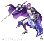  1boy armor black_cape boots breastplate cape fighting_stance full_body greaves lance looking_at_viewer male_focus official_art paranai polearm purple_cape purple_hair shield shoulder_armor standing violet_eyes watermark weapon wii_hola 