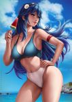  1girl armband beach bikini blue_eyes blue_hair breasts cleavage collarbone cowboy_shot dandon_fuga fire_emblem fire_emblem:_kakusei flower food hair_flower hair_ornament hand_on_hip highres long_hair lucina navel one-piece_swimsuit parted_lips pinup popsicle realistic solo swimsuit tiara watermelon_bar 