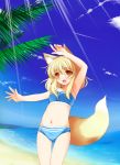  1girl animal_ears arm_above_head arm_up armpits beach bikini blonde_hair blue_bikini blue_swimsuit breasts brown_eyes clouds commentary_request fox_ears fox_tail highres navel ocean open_mouth original outdoors outstretched_arm short_hair sky small_breasts smile solo swimsuit tail thigh_gap 