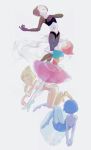  4girls ;) arms_behind_back backless_outfit ballet_slippers blonde_hair blue_hair blue_pearl_(steven_universe) blue_skin bob_cut floating frills grey_background grey_hair hand_on_own_chest hands_clasped highres leotard looking_at_viewer midriff multiple_girls one_eye_closed own_hands_together pearl pearl_(steven_universe) see-through short_hair simple_background smile spoilers steven_universe tears thigh-highs white_pearl_(steven_universe) white_skin yellow_legwear yellow_pearl_(steven_universe) yellow_skin 