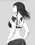  1girl back back_tattoo bangs bare_shoulders black_bra black_hair bra breasts commentary_request denim eyepatch from_behind greyscale gumbat jeans jormungand long_hair monochrome muscle muscular_female pants parted_lips sofia_valmer solo tattoo underwear 
