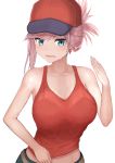  1girl absurdres asymmetrical_hair bangs bare_shoulders baseball_cap blue_eyes blush breasts cleavage collarbone fanning_face fate/grand_order fate_(series) hat highres hoshibudou large_breasts long_hair looking_at_viewer midriff miyamoto_musashi_(fate/grand_order) open_mouth pink_hair ponytail red_hat red_tank_top simple_background solo sweat swept_bangs waist white_background 