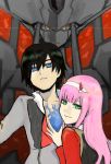  1boy 1girl bangs black_hair blue_eyes chest_scar commentary_request cookie9603 couple darling_in_the_franxx green_eyes hair_ornament hairband hand_on_another&#039;s_chest hetero hiro_(darling_in_the_franxx) horns long_hair long_sleeves looking_at_viewer mecha military military_uniform necktie oni_horns open_clothes open_shirt pink_hair red_horns red_neckwear scar short_hair strelizia uniform white_hairband zero_two_(darling_in_the_franxx) 