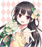  1girl :d absurdres argyle argyle_background bangs bare_arms bare_shoulders black_hair blush bouquet collarbone cura dress eyebrows_visible_through_hair fantia_reward flower hachiroku_(maitetsu) hair_flower hair_ornament highres holding holding_bouquet long_hair maitetsu open_mouth paid_reward red_eyes rose sleeveless sleeveless_dress smile solo very_long_hair white_flower white_rose yellow_dress 