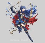 1girl blue_eyes blue_hair bow_(weapon) breasts cape fire_emblem fire_emblem:_kakusei fire_emblem_heroes full_body gloves jewelry long_hair lucina official_art one_eye_closed simple_background solo tiara torn_clothes weapon yamada_koutarou