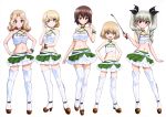  5girls :d absurdres anchovy black_ribbon blonde_hair blue_eyes boots bracelet breasts brown_eyes brown_hair cleavage collarbone crop_top darjeeling drill_hair eyebrows_visible_through_hair fang flat_chest full_body girls_und_panzer grin groin hair_between_eyes hair_ribbon halterneck hands_on_hips highres jewelry katyusha kay_(girls_und_panzer) layered_skirt long_hair looking_at_viewer medium_breasts midriff miniskirt multiple_girls navel nishizumi_maho official_art open_mouth pleated_skirt red_eyes ribbon short_hair silver_hair simple_background skirt small_breasts smile standing stomach thigh-highs thigh_boots tied_hair twin_drills twintails white_background white_legwear yoshida_nobuyoshi zettai_ryouiki 
